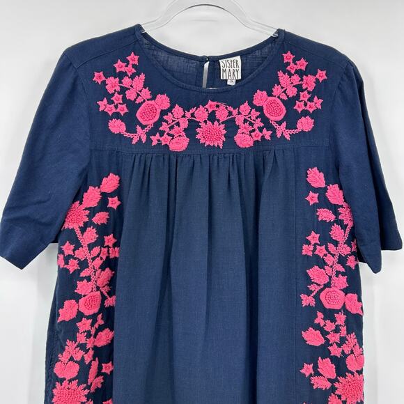 Sister Mary Navy Cotton Shift Dress Pink Floral Embroidery Pockets Womens Sz S - Picture 4 of 12